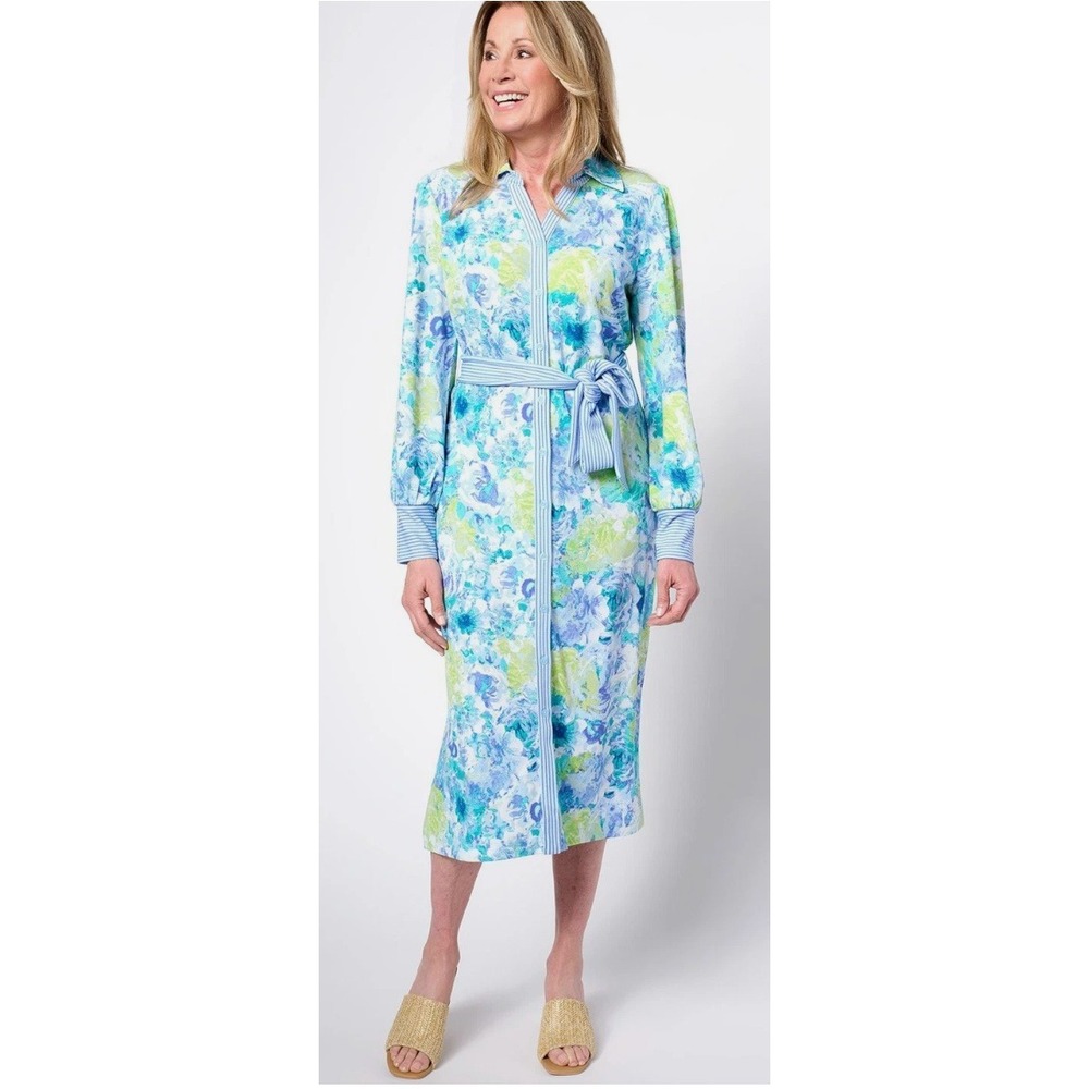 Isaac Mizrahi Live Blue Floral Maxi Front Button Tie Small Petite Dress NWOT